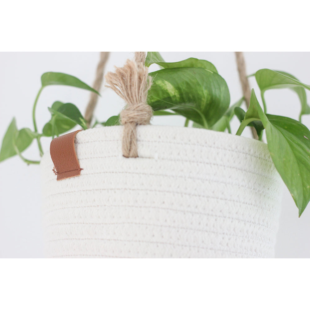 Boho Cotton Rope Hanging Planter Basket with Leather Accent 5