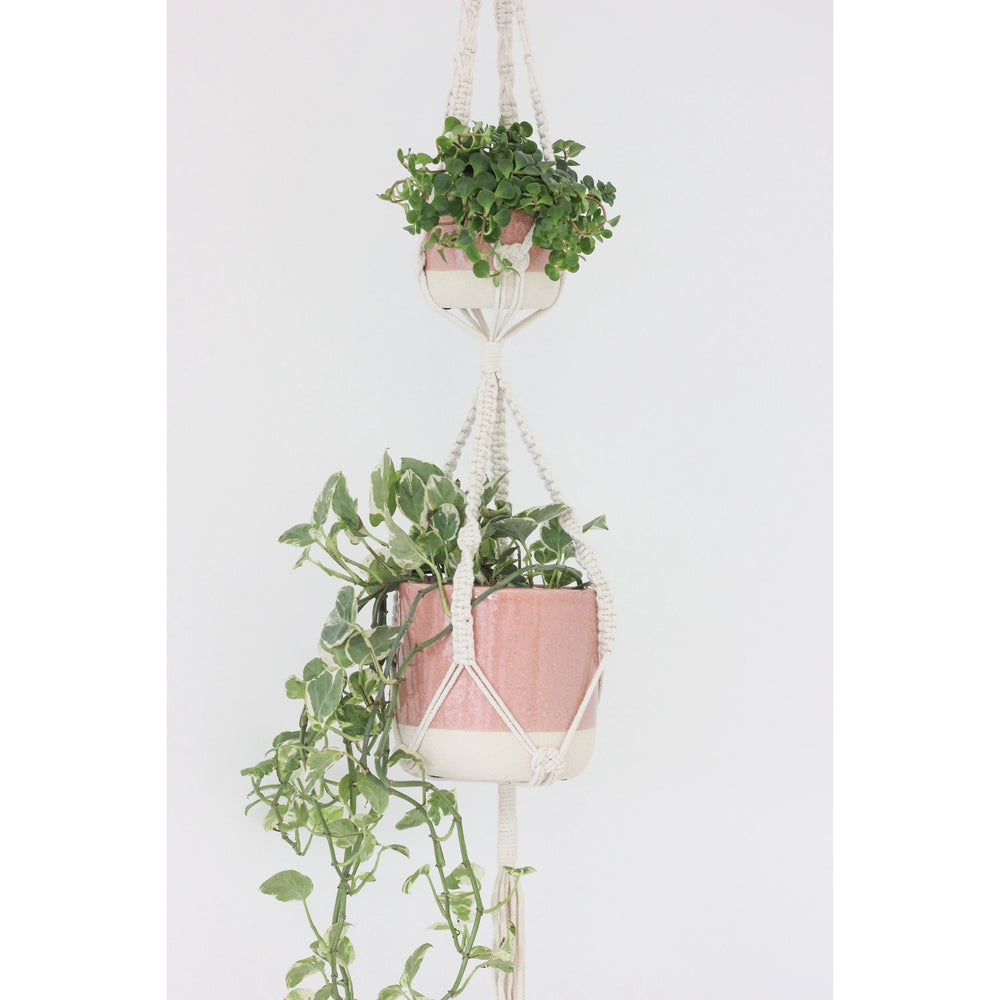 Two Tier Macrame Hanging Plant Holder in Cream